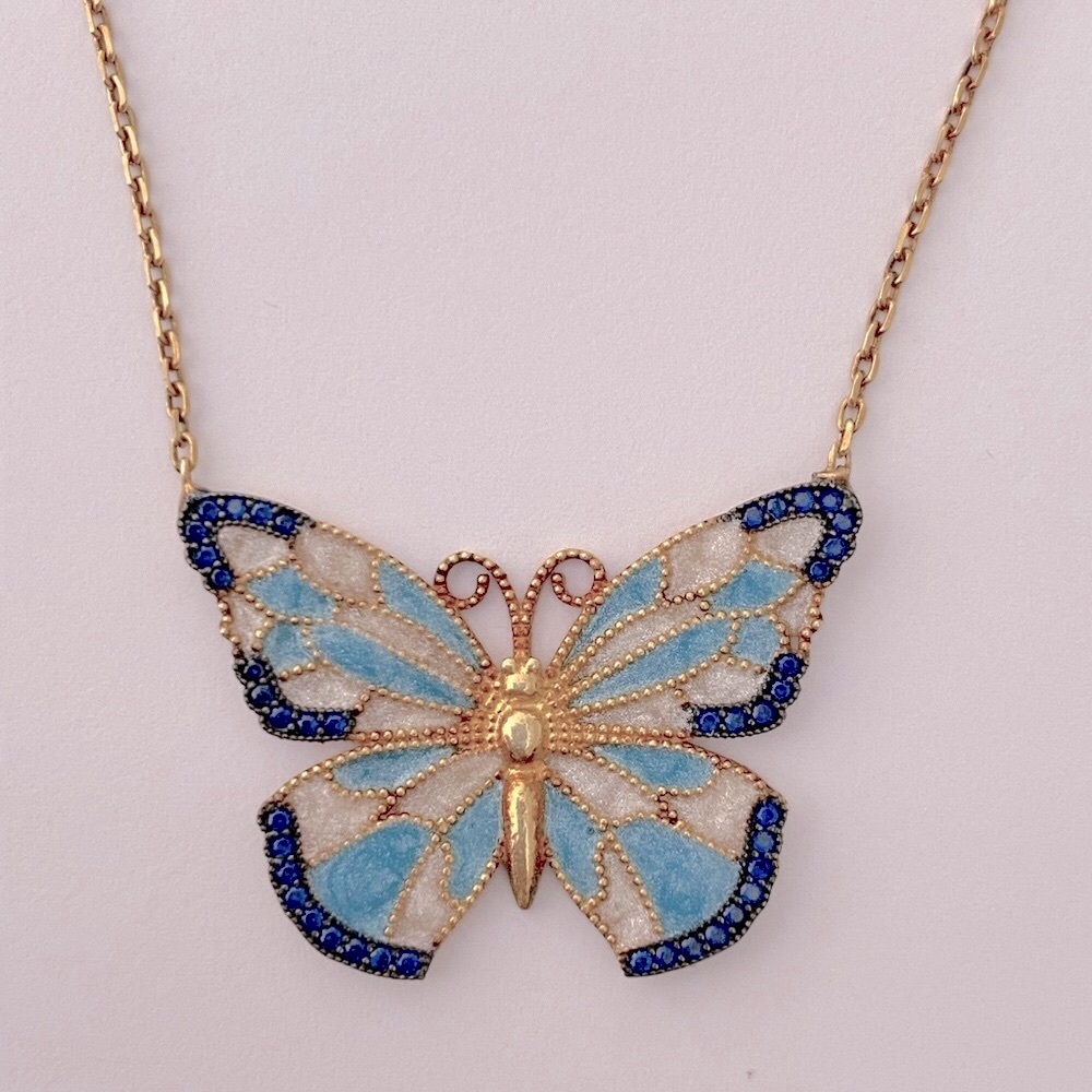 🦋 925 Silver butterfly necklace sapphire blue cz stones - Picture 1 of 2